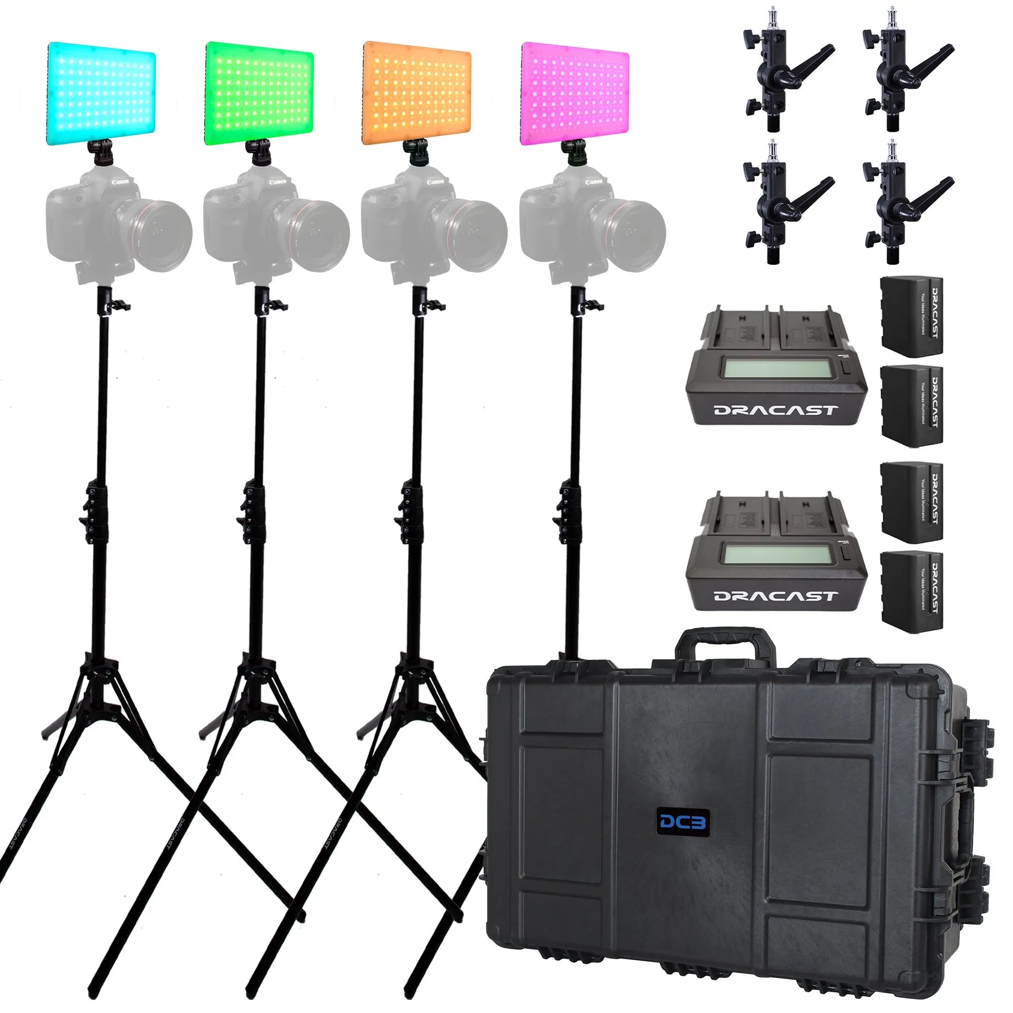 Dracast X Series LED Lighting Kit 35 (x4 DRX240RGB, Battery Kits, Light Stands, 7975 Travel Case)