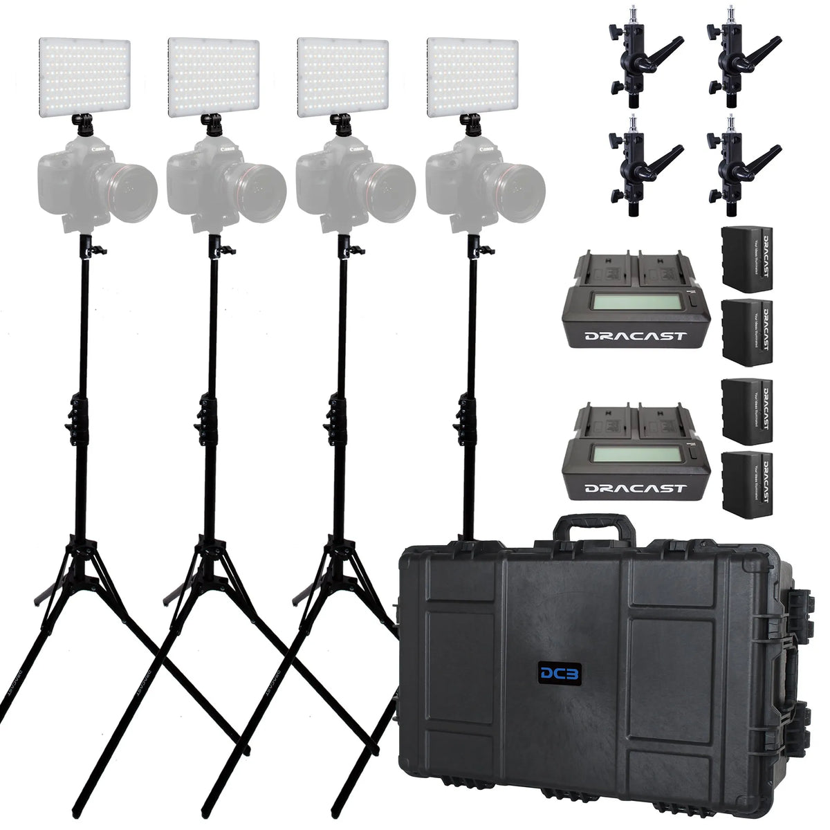 Dracast X Series LED Lighting Kit 38 (x4 DRX240B, Battery Kits, Light Stands, 7975 Travel Case)